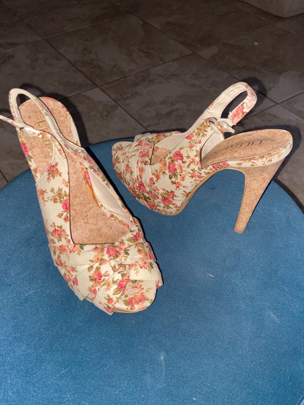 Floral Slingback Peep-Toe Heels in Cream and Pink